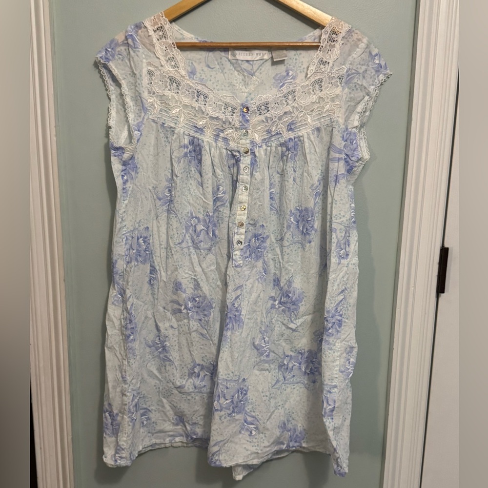 Vintage-Inspired Lace Trim Cotton Nightgown - Light Blue Floral